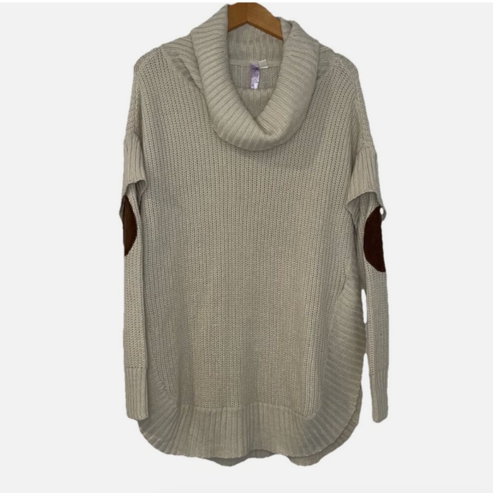 Alya Cowl Neck Sweater Small Tan Oversized Elbow Patches